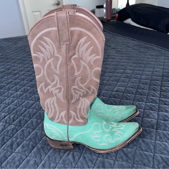 Miss Macie Boots Women 7.5 Turquoise Heart Leather Brown Western Cowgirl Snip - Picture 1 of 16